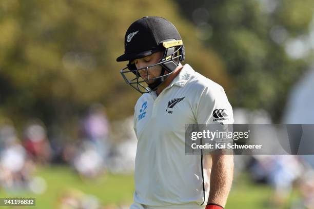 Tom Latham of New Zealand looks dejected after being dismissed by Jack Leach of England during day five of the Second Test match between New Zealand...