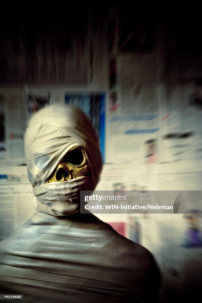 Close-up of a human skeleton wrapped with bandage, Mexico City, Mexico