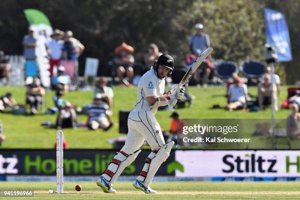 Tom Latham of New Zealand bats during day five of the Second Test match between New Zealand and England at Hagley Oval on April 3, 2018 in...