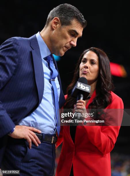 Head coach Jay Wright of the Villanova Wildcats is interviewed by Tracy Wolfson during halftime of the 2018 NCAA Men's Final Four National...