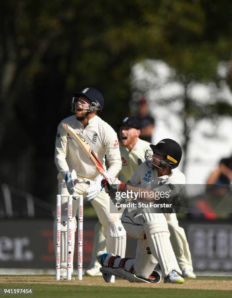 New Zealand batsman Tom Latham hits out watched by Jonny Bairstow and Ben Stokes, only to be caught by James Vince during day five of the Second Test...