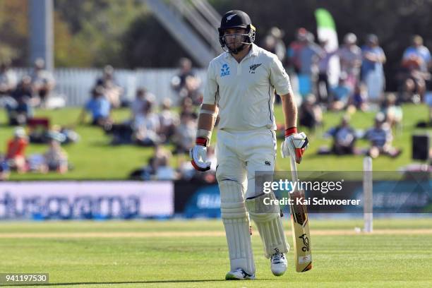 Tom Latham of New Zealand looks dejected after being dismissed by Jack Leach of England during day five of the Second Test match between New Zealand...