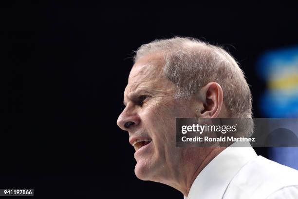 Head coach John Beilein of the Michigan Wolverines reacts against the Villanova Wildcats in the second half during the 2018 NCAA Men's Final Four...