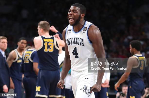 Eric Paschall of the Villanova Wildcats reacts in the second half against the Michigan Wolverines during the 2018 NCAA Men's Final Four National...