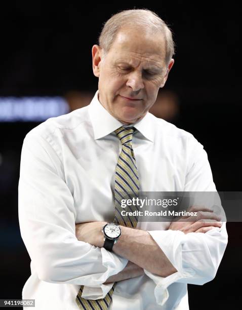 Head coach John Beilein of the Michigan Wolverines reacts against the Villanova Wildcats in the second half during the 2018 NCAA Men's Final Four...