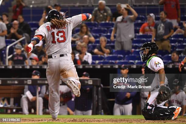 Hanley Ramirez of the Boston Red Sox scores in the ninth inning during the game against the Miami Marlins at Marlins Park on April 2, 2018 in Miami,...