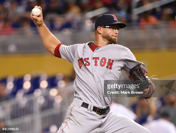 Marcus Walden of the Boston Red Sox pitches the ninth inning during the game against the Miami Marlins at Marlins Park on April 2, 2018 in Miami,...