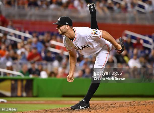 Jacob Turner of the Miami Marlins pitches in the eighth inning during the game against the Boston Red Sox at Marlins Park on April 2, 2018 in Miami,...