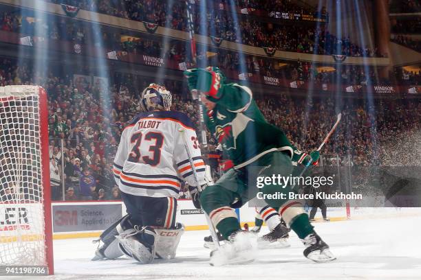 Zach Parise of the Minnesota Wild celebrates after scoring a goal against Cam Talbot of the Edmonton Oilers during the game at the Xcel Energy Center...