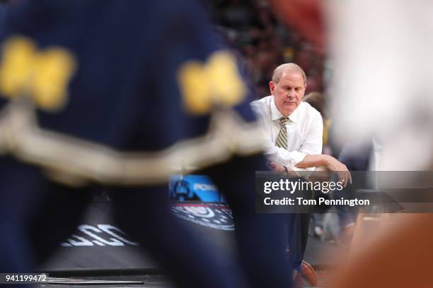 Head coach John Beilein of the Michigan Wolverines reacts against the Villanova Wildcats in the second half during the 2018 NCAA Men's Final Four...