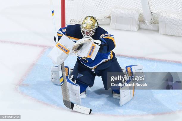 Jake Allen of the St. Louis Blues makes a save against the Washington Capitals at Scottrade Center on April 2, 2018 in St. Louis, Missouri.