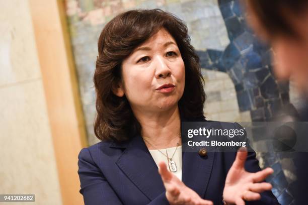 Seiko Noda, Japan's internal affairs and communications minister, speaks to members of the media at the opening day of her school for female...