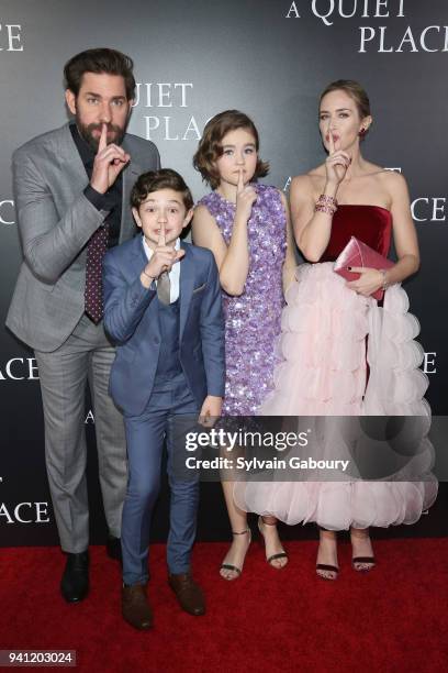 John Krasinski, Noah Jupe, Millicent Simmonds and Emily Blunt attend New York Premiere of "A Quiet Place" on April 2, 2018 in New York City.