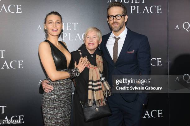 Blake Lively, Tammy Reynolds and Ryan Reynolds attend New York Premiere of "A Quiet Place" on April 2, 2018 in New York City.