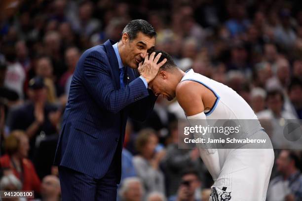 Head coach Jay Wright celebrates with Jalen Brunson of the Villanova Wildcats during the second half of the 2018 NCAA Photos via Getty Images Men's...