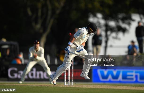 New Zealand batsman Neil Wagner fends off a short ball from Mark Wood during day five of the Second Test Match between the New Zealand Black Caps and...