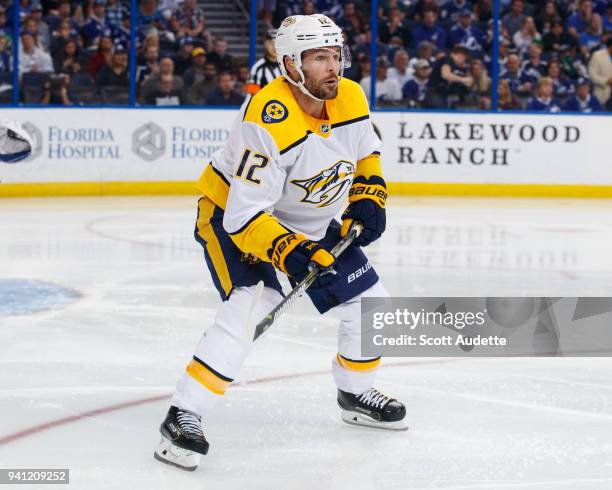 Mike Fisher of the Nashville Predators skates against the Tampa Bay Lightning at Amalie Arena on April 1, 2018 in Tampa, Florida. "n