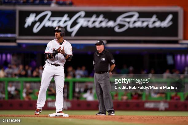 Starlin Castro of the Miami Marlins claps during the game against the Boston Red Sox at Marlins Park on April 2, 2018 in Miami, Florida.