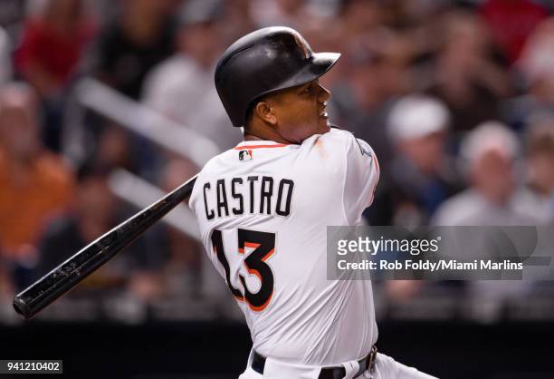 Starlin Castro of the Miami Marlins in action at bat during the game against the Boston Red Sox at Marlins Park on April 2, 2018 in Miami, Florida.