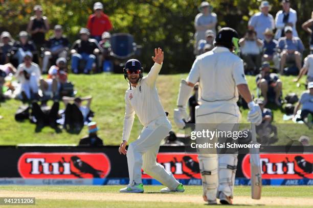 Mark Stoneman of England unsuccessfully appeals for the wicket of Tom Latham of New Zealand during day five of the Second Test match between New...