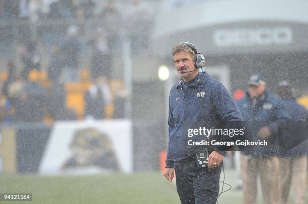 Head coach Dave Wannstedt of the University of Pittsburgh Panthers looks on from the sideline during a Big East college football game against the...