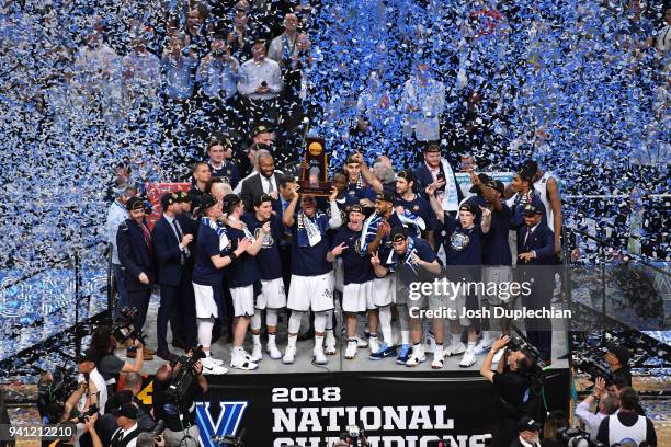 The Villanova Wildcats celebrate after the 2018 NCAA Photos via Getty Images Men's Final Four National Championship game against the Michigan...