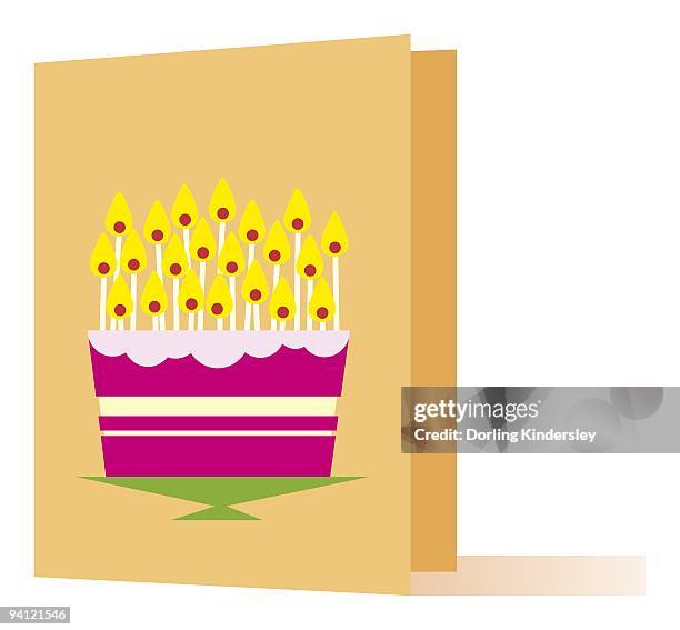 digital illustration of burning candle on cake on greeting card - surprise birthday party stock illustrations
