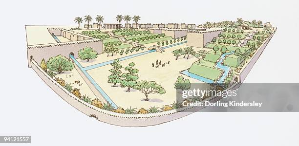 illustration of hanging gardens of babylon, one of the seven wonders of the world - hanging gardens of babylon stock illustrations