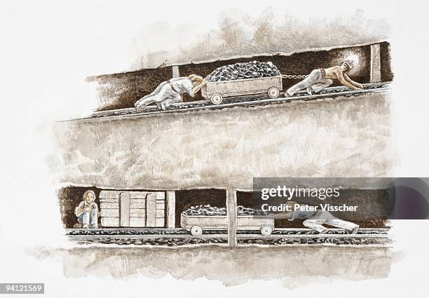 illustration of children working in coal pit - mining stock illustrations