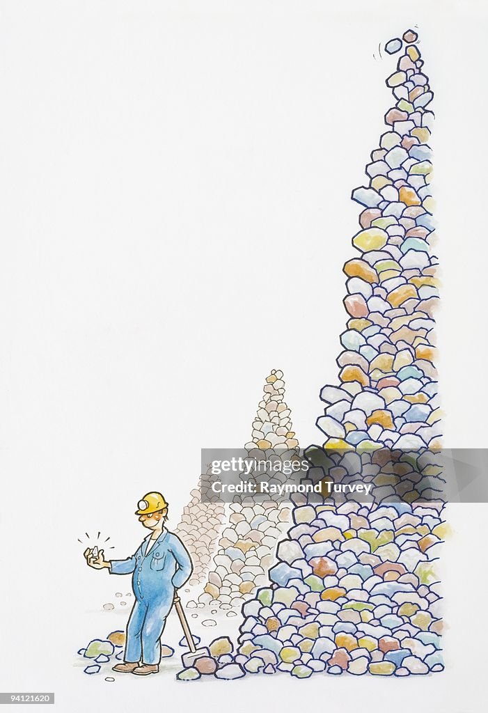 Illustration of miner leaning on spade next to tall stack of rocks holding sparkling diamond in hand
