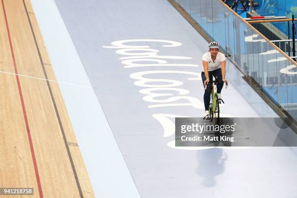 Former Australian track cyclist Anna Meares rides at the Anna Meares Velodrome ahead of the 2018 Commonwealth Games on April 3, 2018 in Gold Coast,...