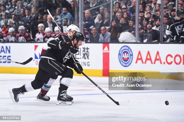 Torrey Mitchell of the Los Angeles Kings battles for the puck during a game against the Colorado Avalanche at STAPLES Center on April 2, 2018 in Los...