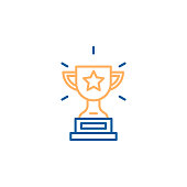 Winner cup, first place with golden bowl cup. Trophy with a star. Prize, achievement and rewards. Earn points online business. Vector trendy thin line icon illustration design