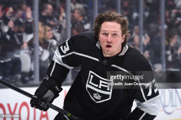 Tyler Toffoli of the Los Angeles Kings warms up before a game against the Colorado Avalanche at STAPLES Center on April 2, 2018 in Los Angeles,...