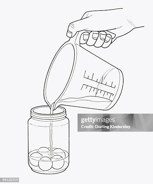 black and white illustration of pouring water on putty balls in jar - water in measuring cup stock illustrations