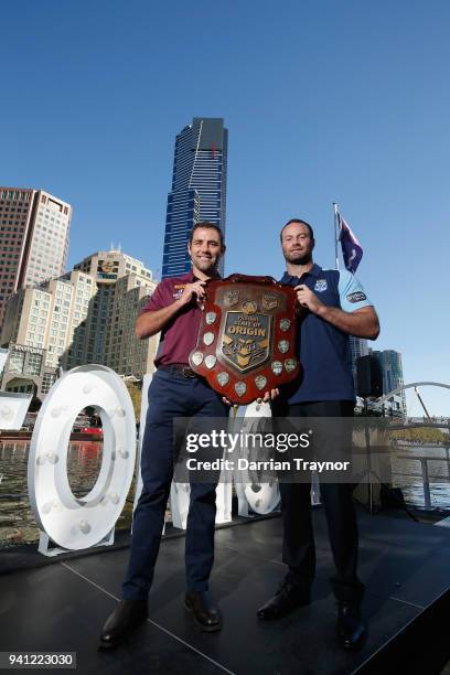 Maroons Captain Cameron Smith and Blues Captain Boyd Cordner pose for a photo during the 2018 State of Origin launch at Arbory Afloat on April 3,...