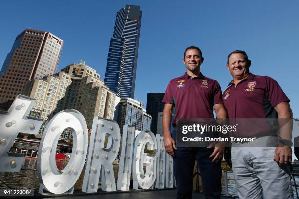 Maroons Captain Cameron Smith and Maroons Coach Kevin Walters pose for a photo during the 2018 State of Origin launch at Arbory Afloat on April 3,...