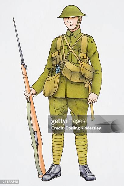 ilustraciones, imágenes clip art, dibujos animados e iconos de stock de illustration of soldier wearing uniform and holding rifle with bayonet - casco militar