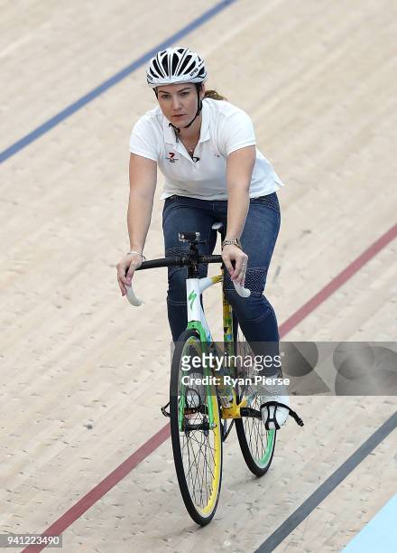Former Australian Track Cyclist Anna Meares rides while filming for Channel 7 during previews for Track Cycling ahead of the 2018 Commonwealth Games...