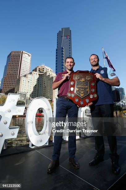 Maroons Captain Cameron Smith and Blues Captain Boyd Cordner pose for a photo during the 2018 State of Origin launch at Arbory Afloat on April 3,...