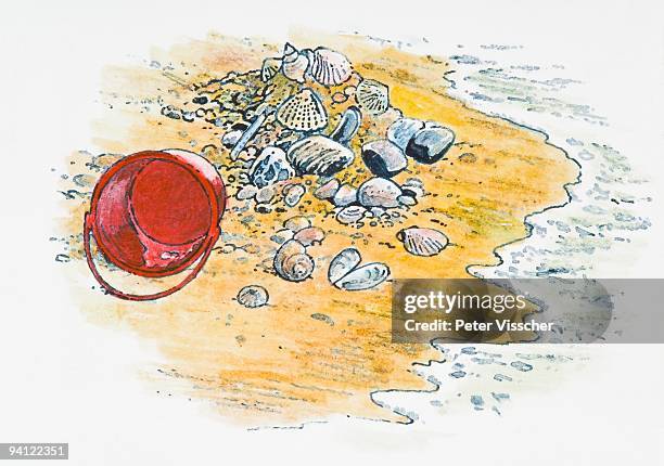 illustration of shells, pebbles and rocks on beach near bucket on beach near water's edge - pebbles white background stock illustrations