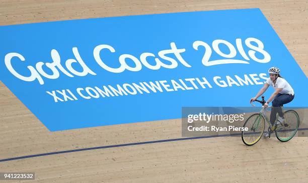 Former Australian Track Cyclist Anna Meares rides while filming for Channel 7 during previews for Track Cycling ahead of the 2018 Commonwealth Games...
