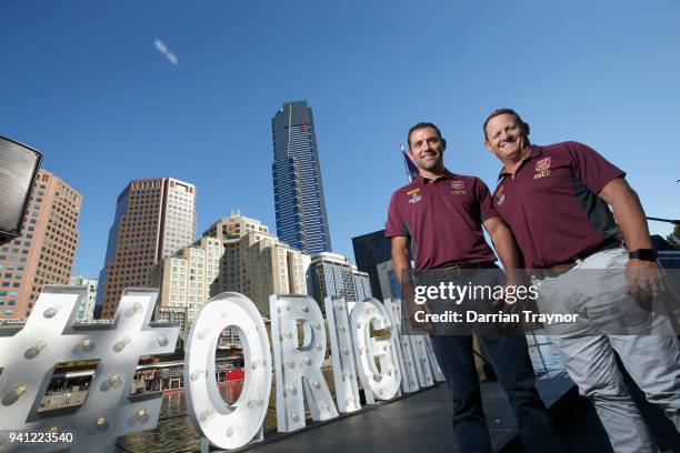Maroons Captain Cameron Smith and Maroons Coach Kevin Walters pose for a photo during the 2018 State of Origin launch at Arbory Afloat on April 3,...