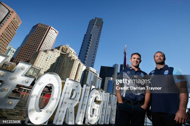 Blues Coach Brad Fittler and Blues Captain Boyd Cordner pose for a photo during the 2018 State of Origin launch at Arbory Afloat on April 3, 2018 in...