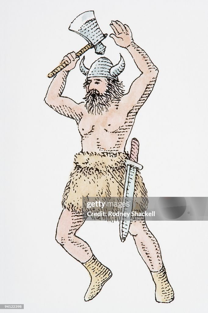 Illustration of Viking warrior holding axe above head
