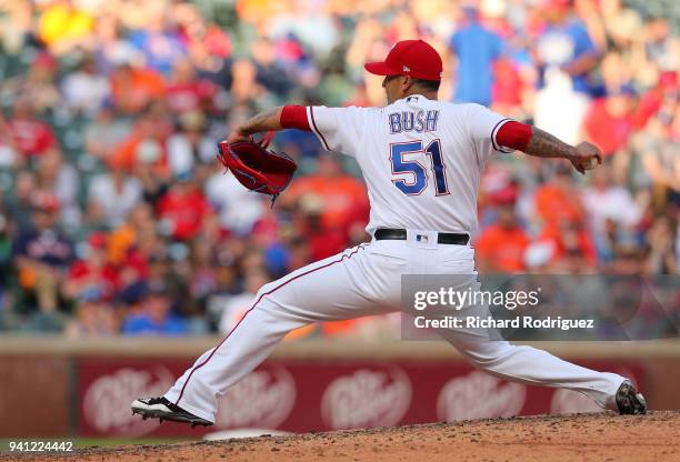 Matt Bush of the Texas Rangers pitches against the Houston Astros at Globe Life Park in Arlington on March 31, 2018 in Arlington, Texas.