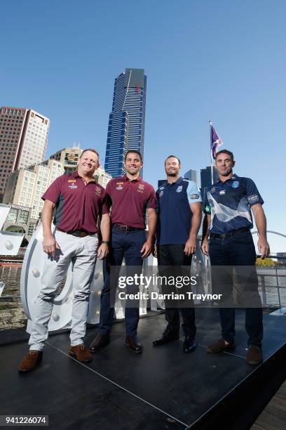 Maroons Coach Kevin Walters, Maroons Captain Cameron, Blues Captain Boyd Cordner and Blues Coach Brad Fittler pose for a photo during the 2018 State...