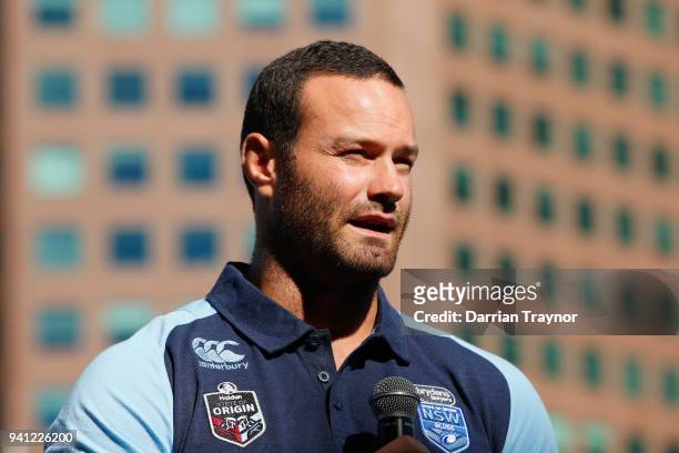 Blues Captain Boyd Cordner takes the stage during the 2018 State of Origin launch at Arbory Afloat on April 3, 2018 in Melbourne, Australia.