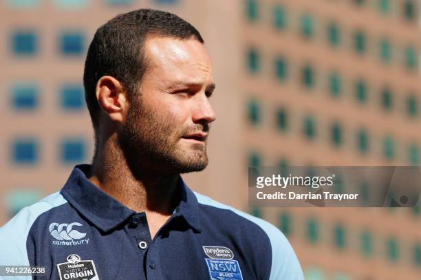 Blues Captain Boyd Cordner takes the stage during the 2018 State of Origin launch at Arbory Afloat on April 3, 2018 in Melbourne, Australia.