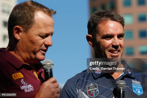 Maroons Coach Kevin Walters speaks as Blues Coach Brad Fittler looks on during the 2018 State of Origin launch at Arbory Afloat on April 3, 2018 in...